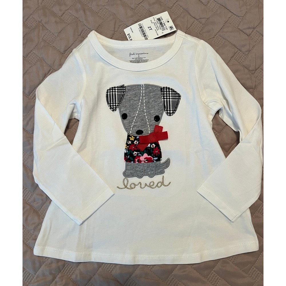 First Impressions Toddler Girls White Puppy Dog Graphic Long Sleeve Tee 2T NWT